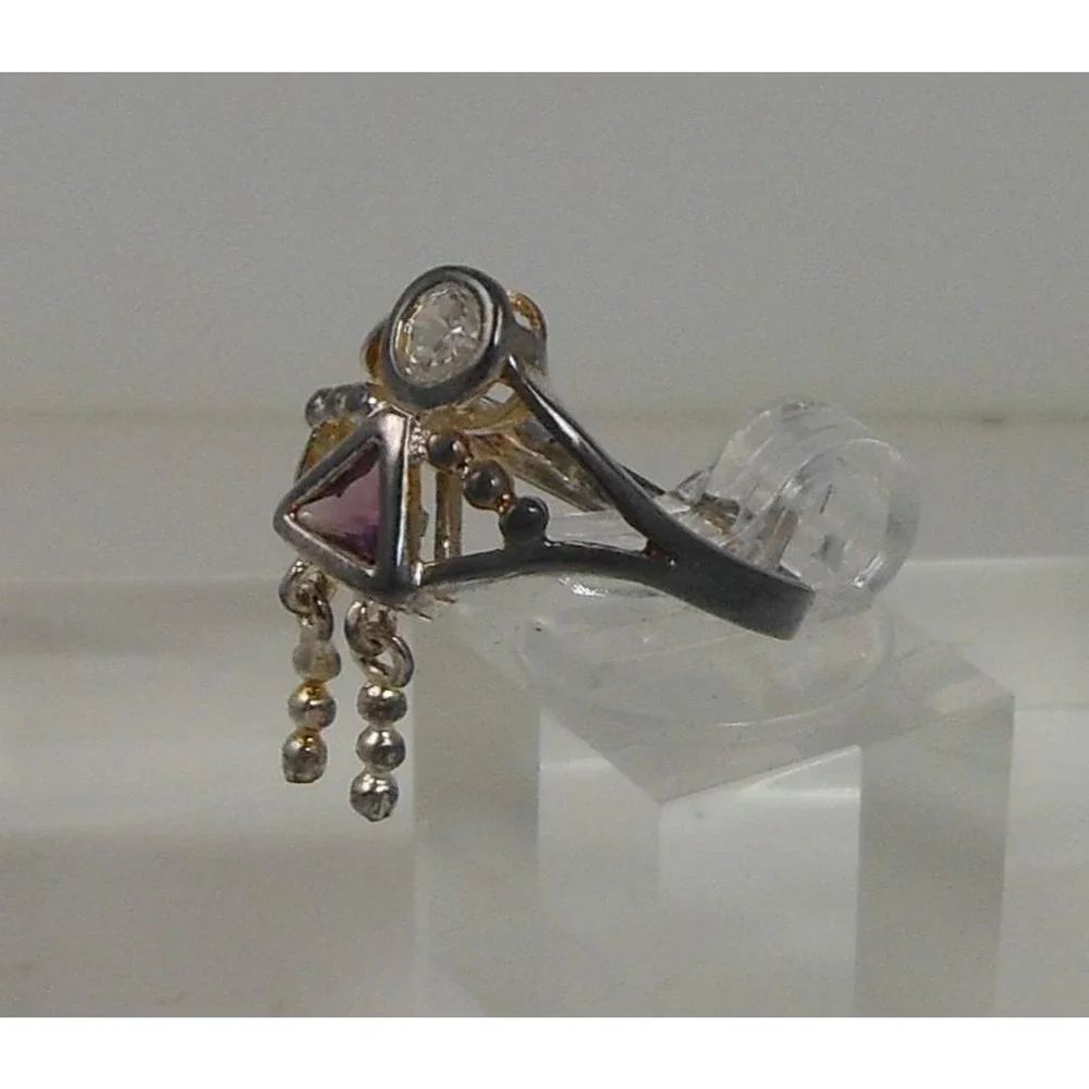 Vintage 90s Sterling Silver Angel Dangle Ring Purple & Clear CZ Stone's Size 7